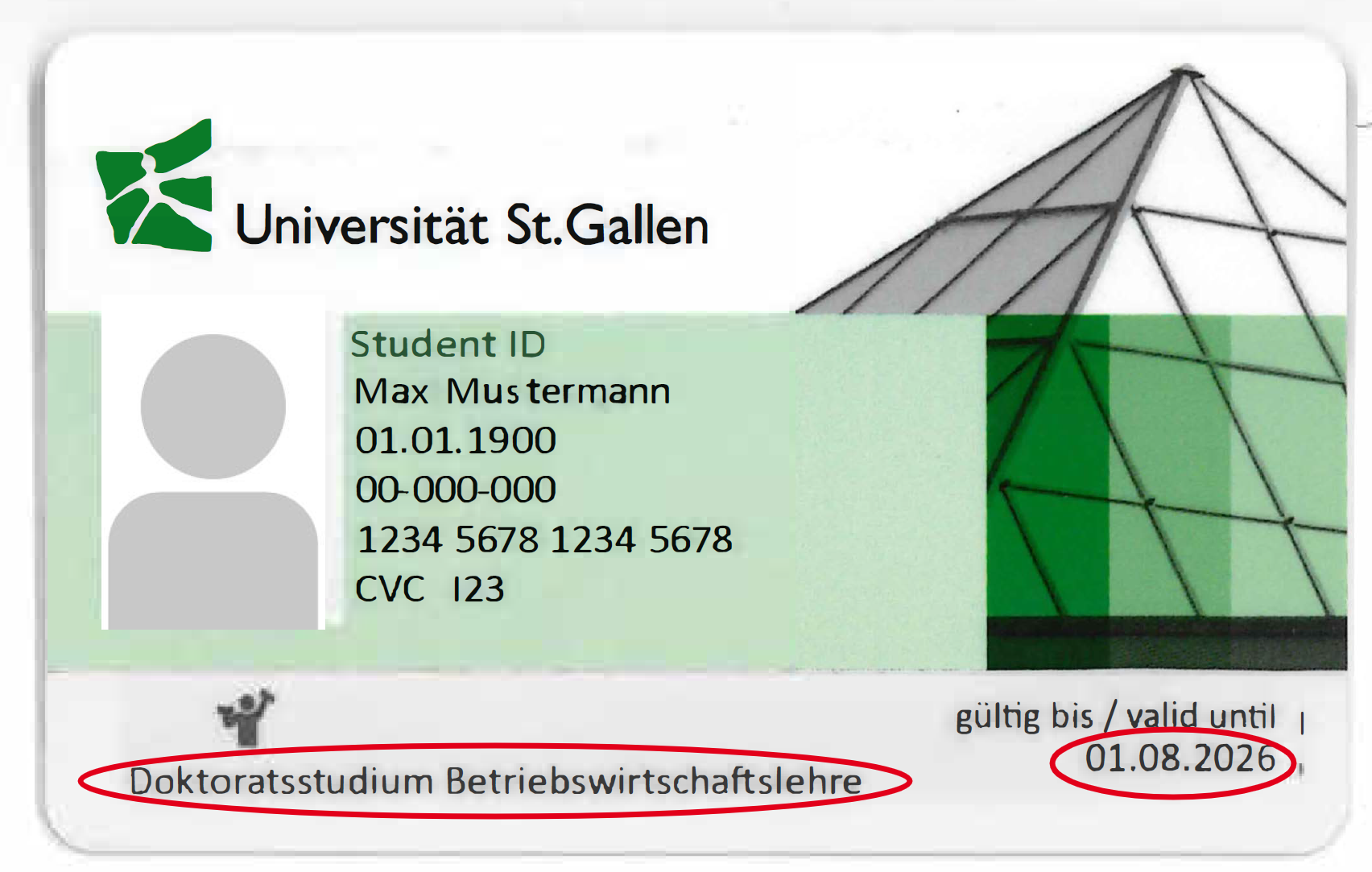 Example of an HSG Student ID with the doctoral programme and the valid-until date highlighted